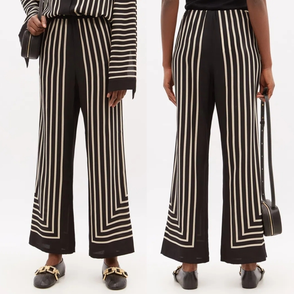 Modern Works Satin Black Tan Geometric Striped Wide Leg Cropped Palazzo Pants 1X